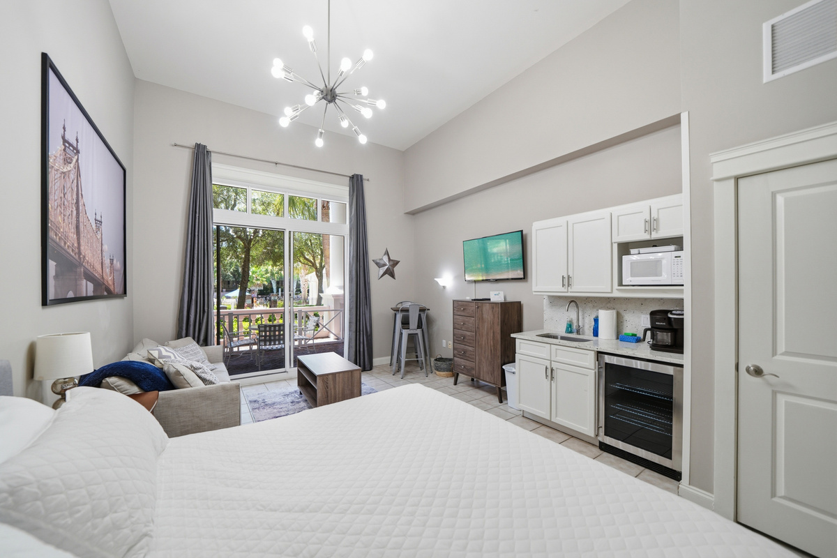 Our mounted smart TV is viewable from both the king-size mattress and queen-size sleeper sofa.