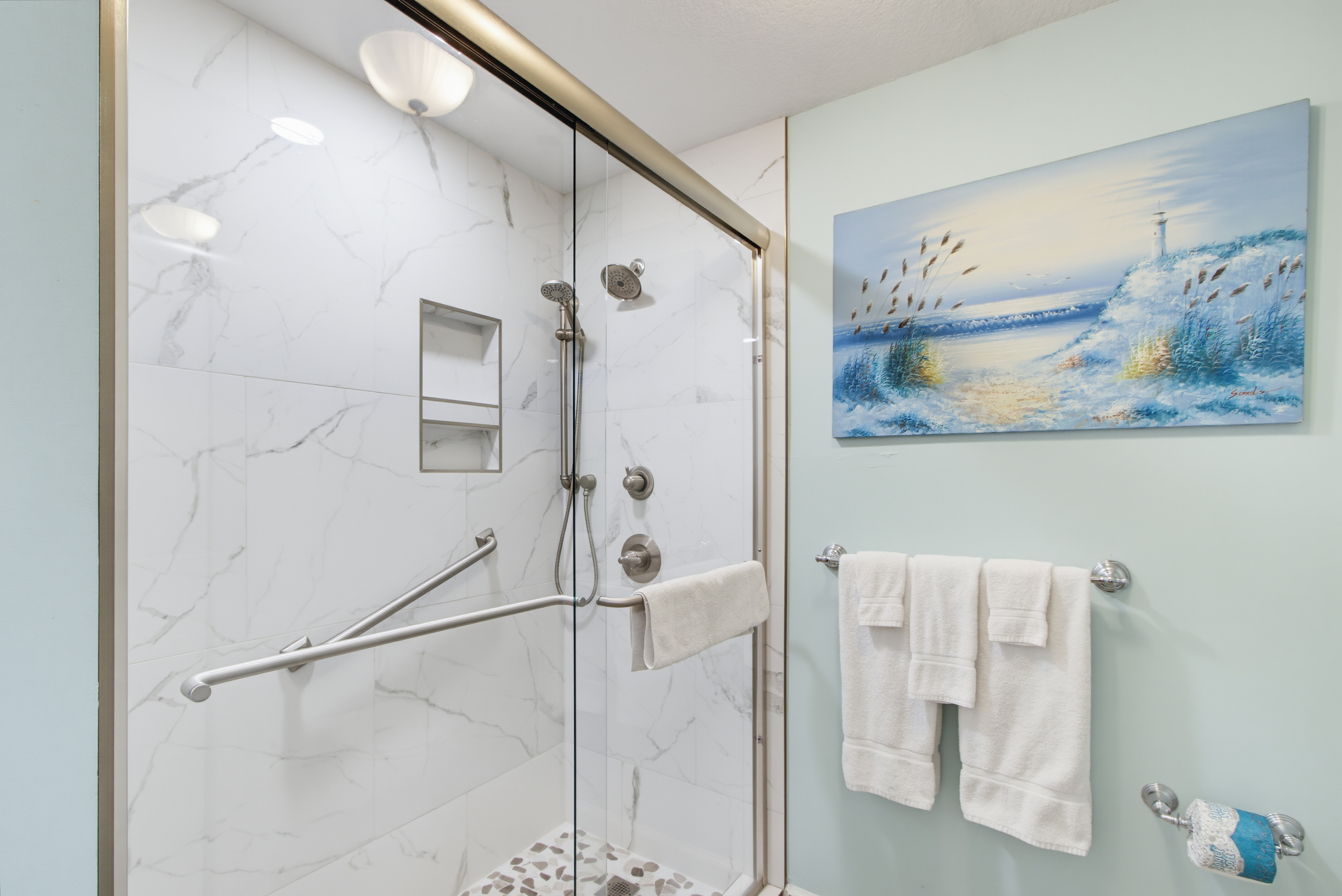 Spacious walk-in shower in the primary bathroom.