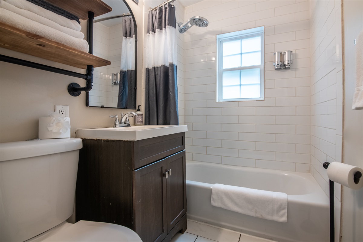 Modern bathroom with a full tub, rainfall showerhead, and sleek vanity setup.