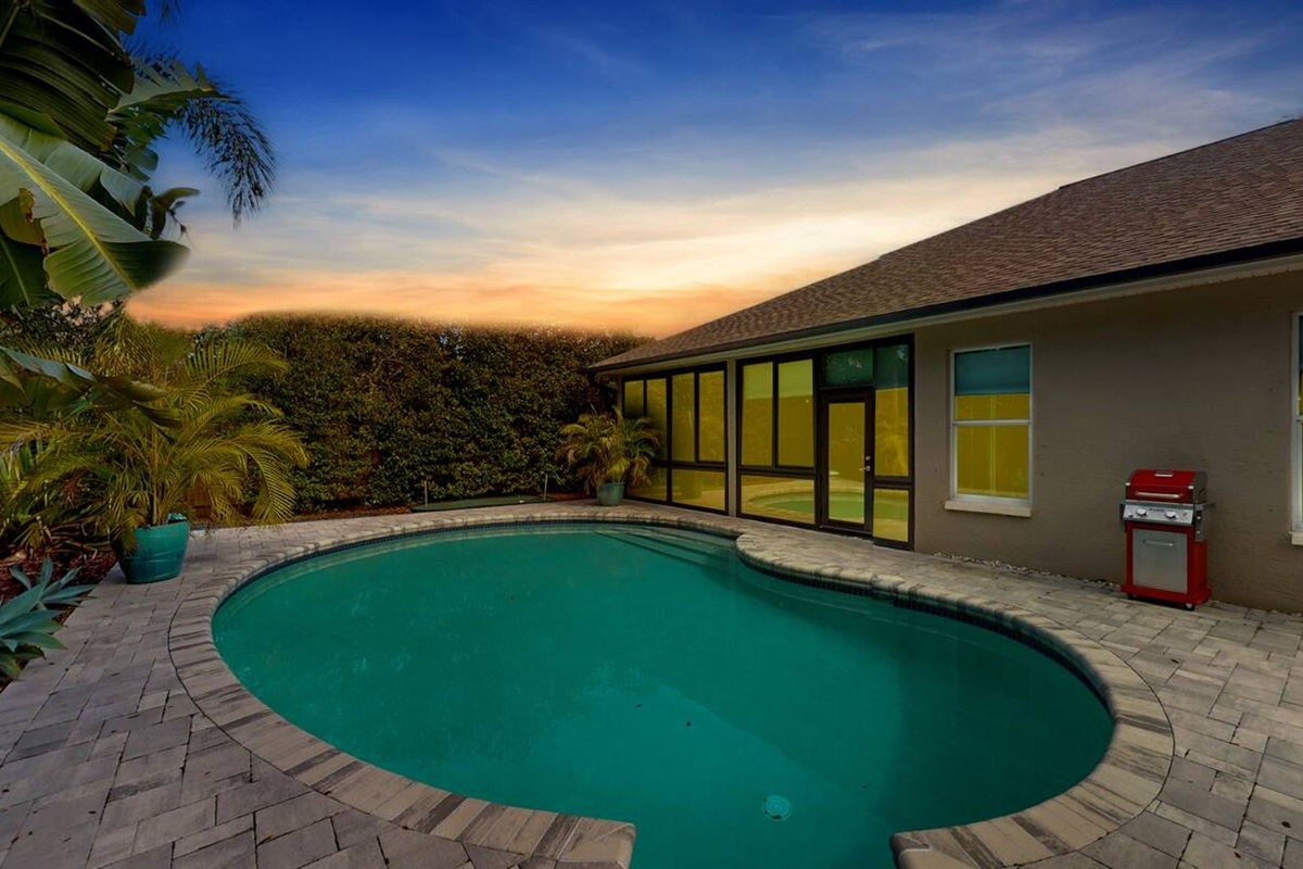 Twilight pool view made for evening relaxation.