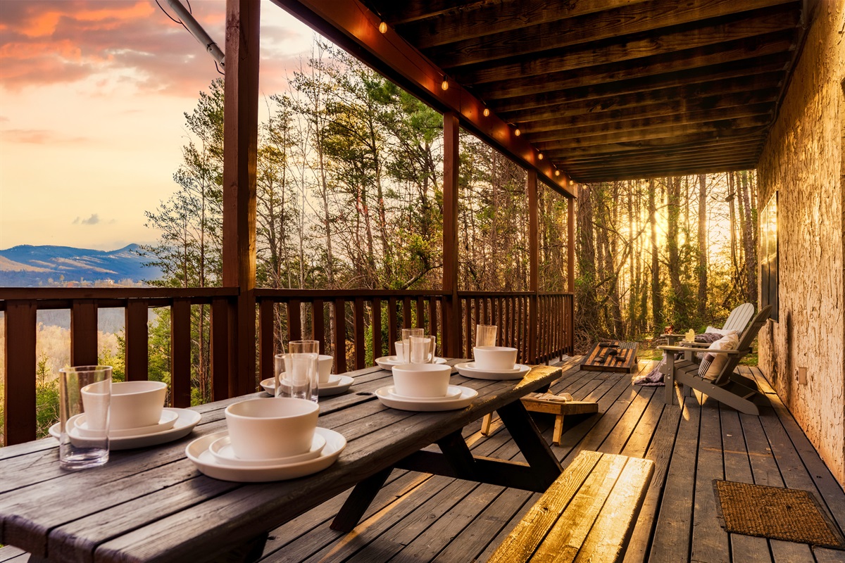 As the sun sets over the mountains, we gather around the table, cherishing moments with family and enjoying nature.