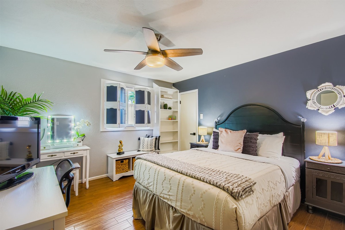 Queen Bed With TV and Makeup Vanity