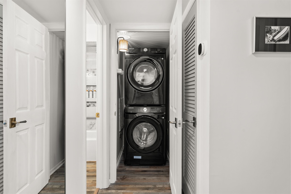 After a salty and sandy day at the beach wash the whole group or family's clothes in one wash and dry with our full sized front loaded Samsung appliances