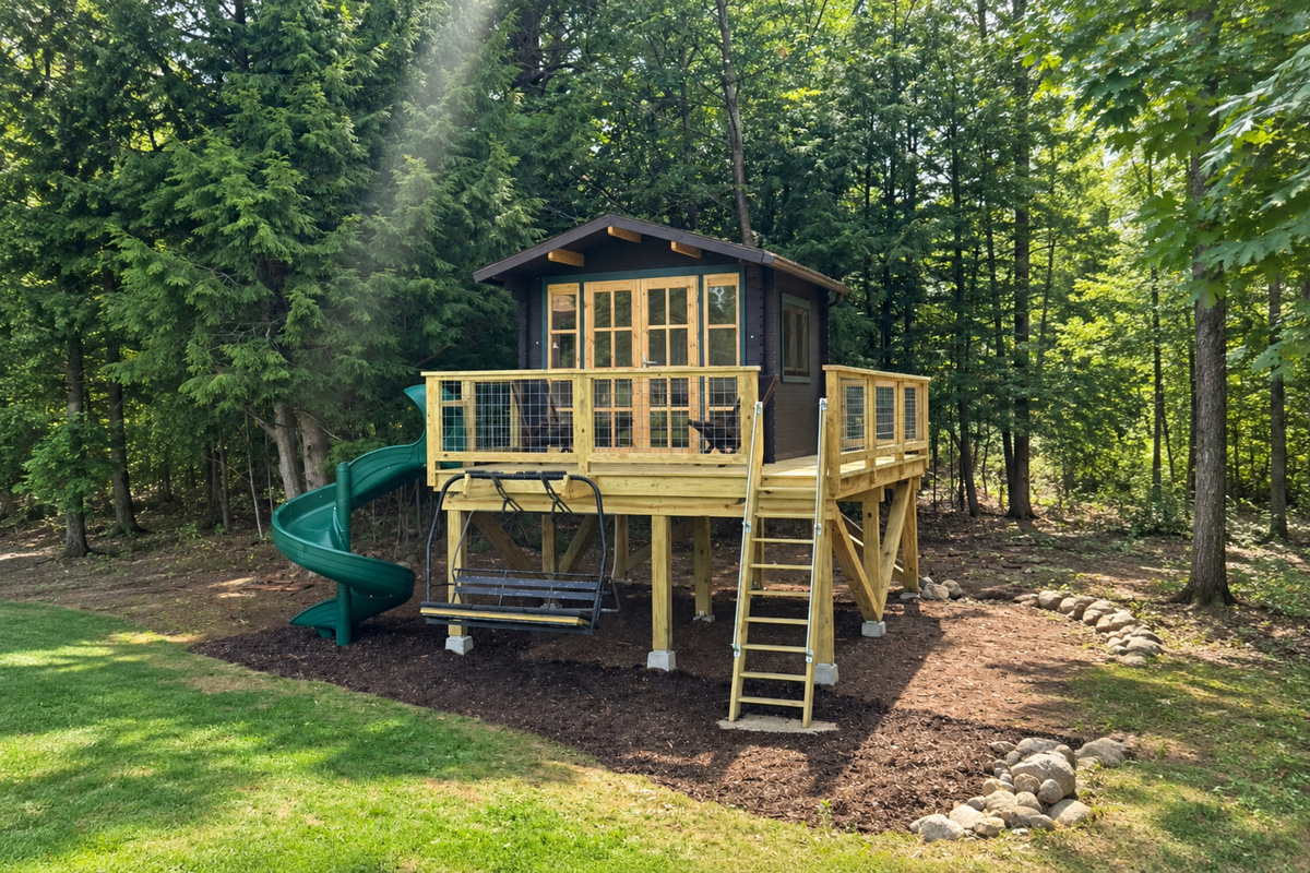 Kids will love this charming backyard clubhouse, complete with a slide and plenty of room to play.