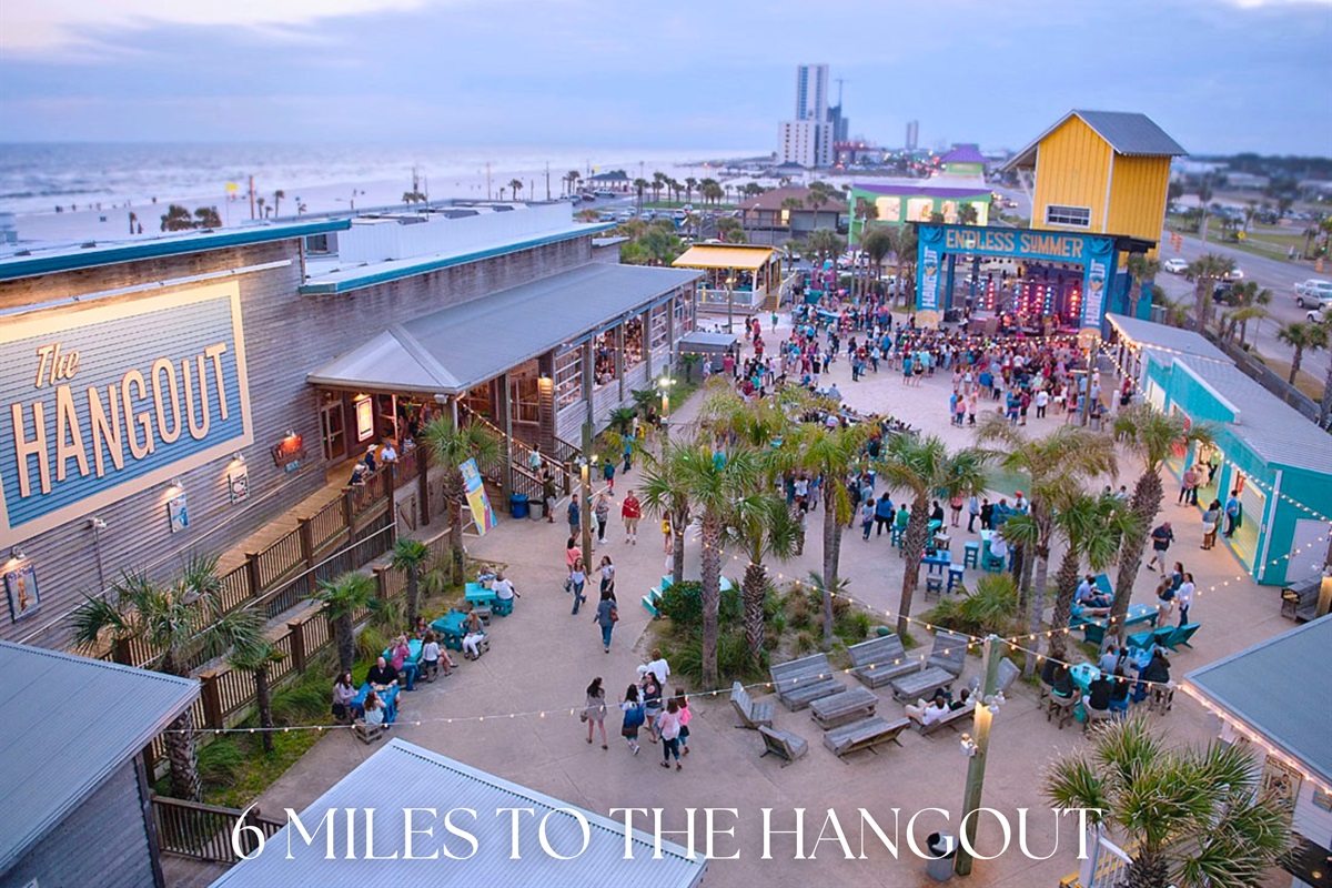 6 miles to The Hangout, a lively beachfront hub with dining, music, and family activities.