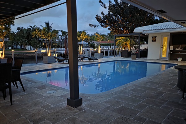 Relaxing nighttime waterfront retreat with water activities