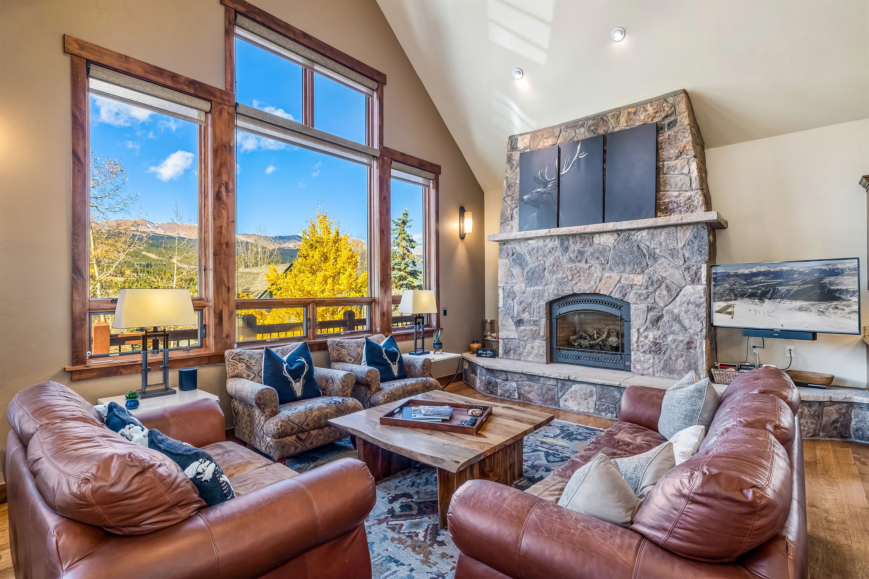 Living room with mountain views and gas fireplace