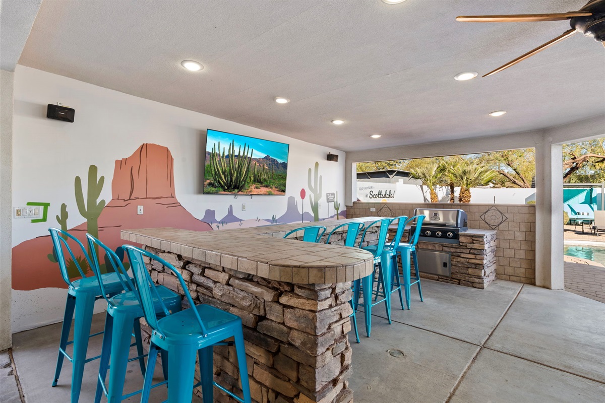 Outdoor Bar & Grill  with 7 Bar Stools; Outdoor Massive Dining Table; Comfy Couch for Lounging; 2 Patio Swings Photo Ops