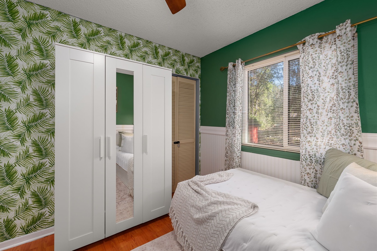 Enjoy the twin bed or pull out to be a full-size trundle bed if additional space is needed. Extra closet space available in the stand-alone wardrobe.