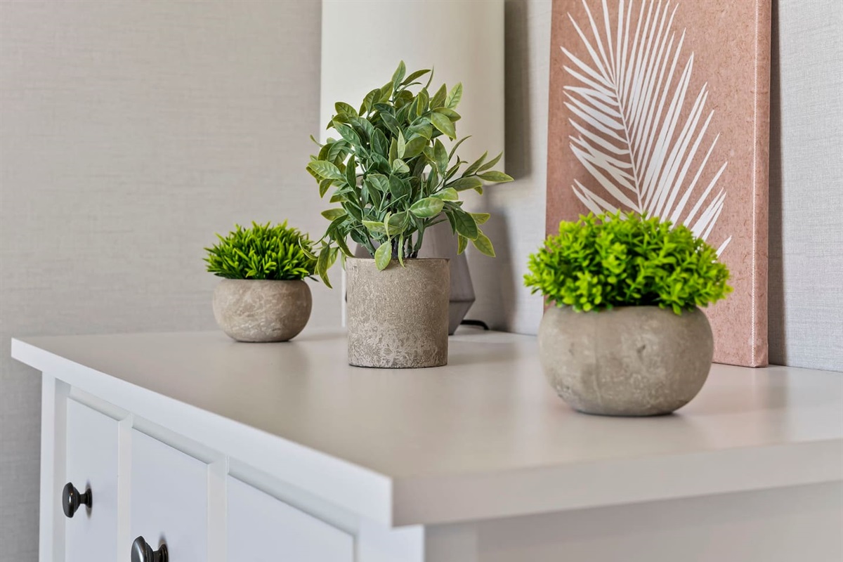 Simple and clean dresser setup with decorative accents—perfect for unpacking and feeling at home.