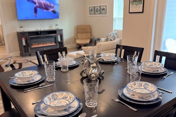 Spacious dining table ideal for family gatherings.