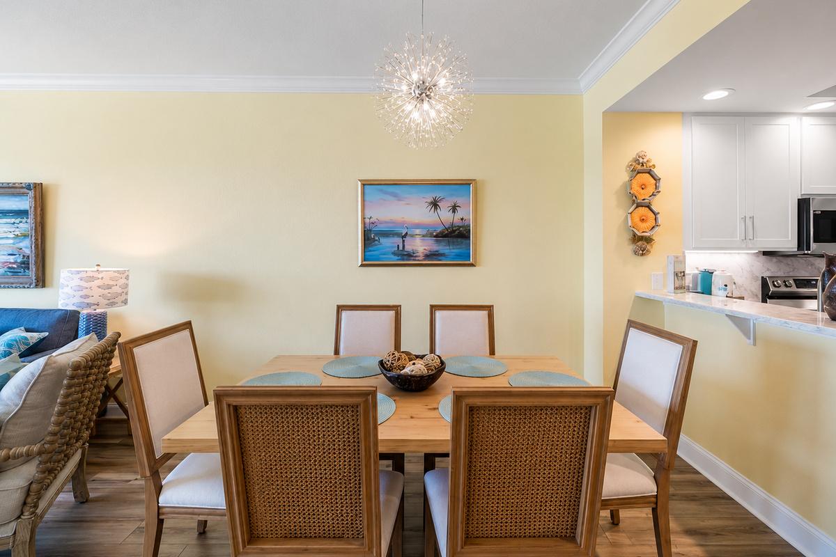 The dining table seats 6 for your meals... and game night!