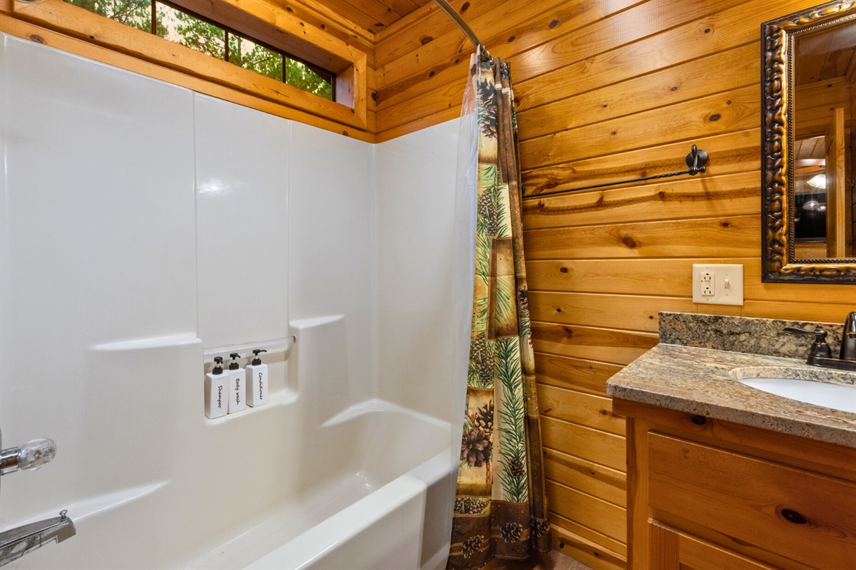 Tub/shower combo with rustic accents.