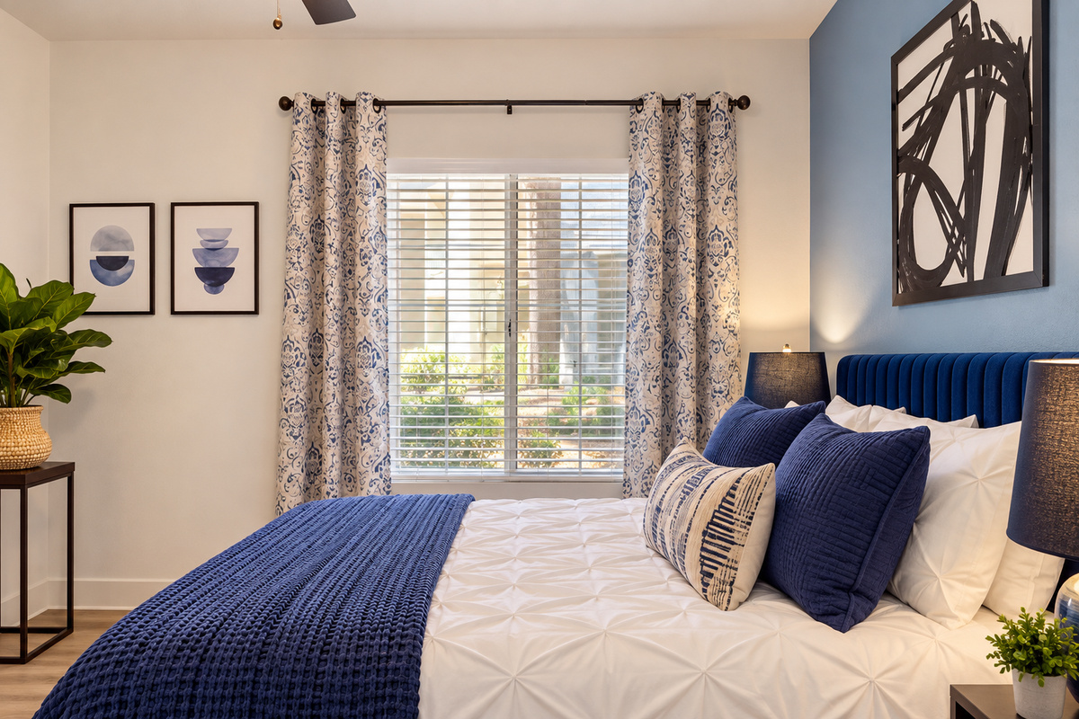 - Cozy bedroom with bright blue accent wall and soft white linens   - Modern furniture and warm lighting create a welcoming retreat   - Perfect for restful nights and refreshed mornings