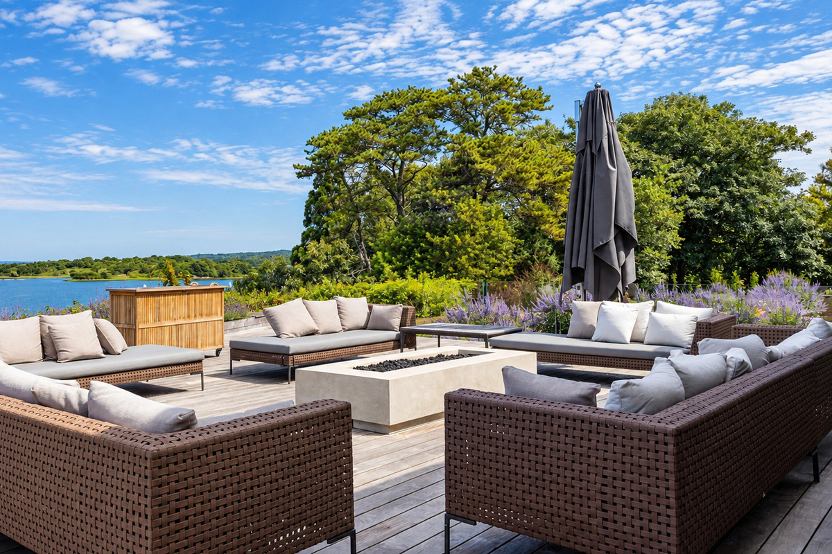 Waterfront deck with lounge seating