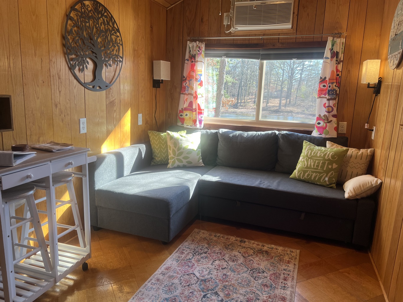 A pull-out sofa and table/island for your varied needs.