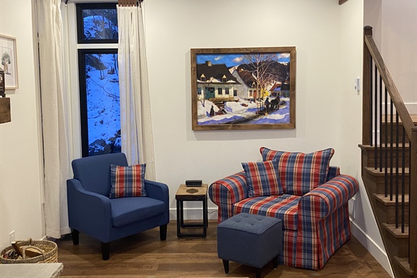 Seating off living room area next to fireplace