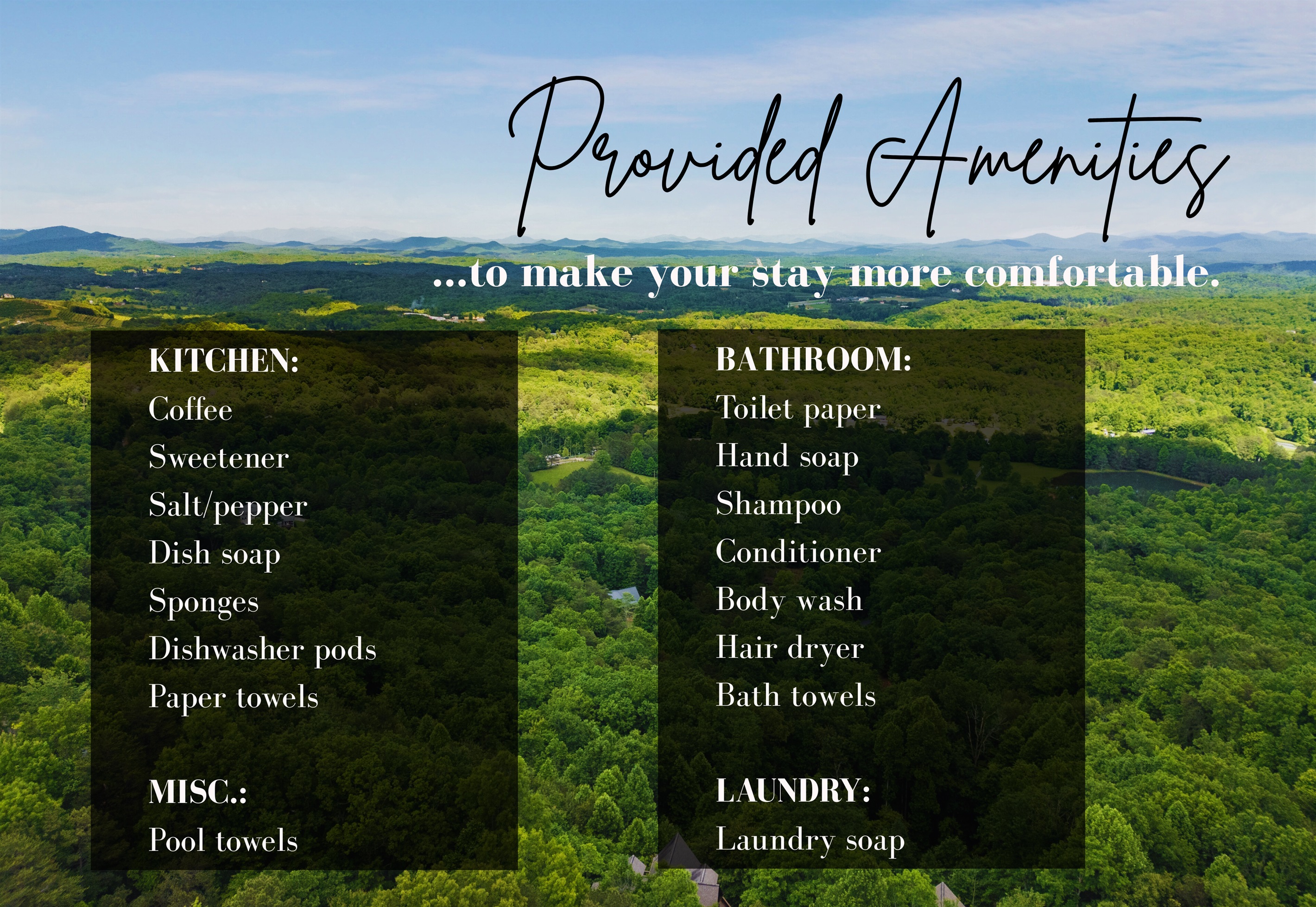 Enjoy the comforts of home with our amenities. From the kitchen to the bathroom and laundry room, we’ve provided everything you need for a relaxing and convenient stay.
