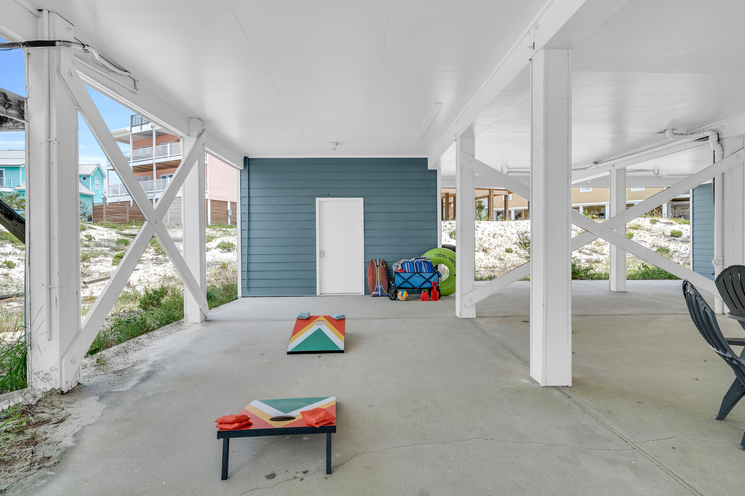 Beach cart and supplies, cornhole set