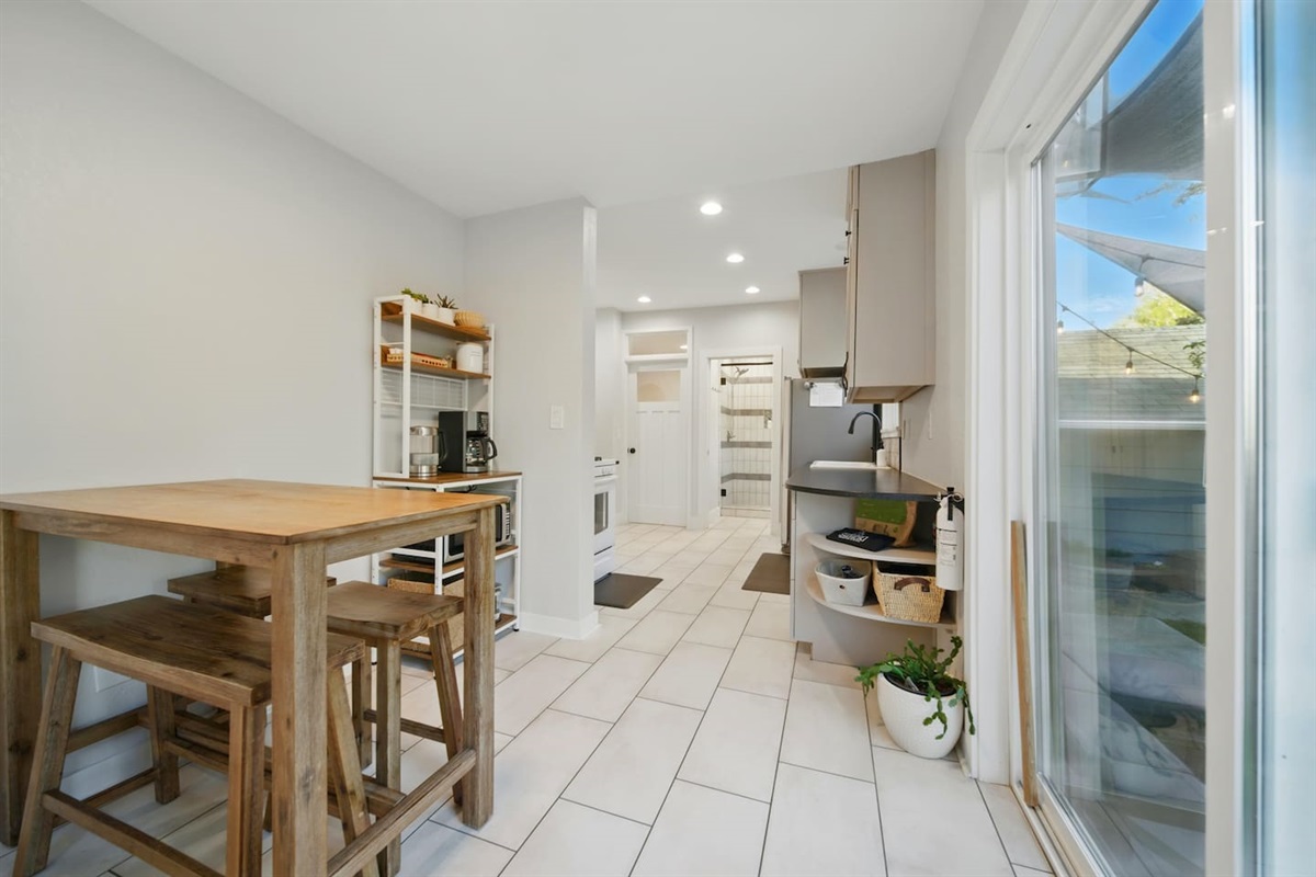 Breakfast nook table and stools. 