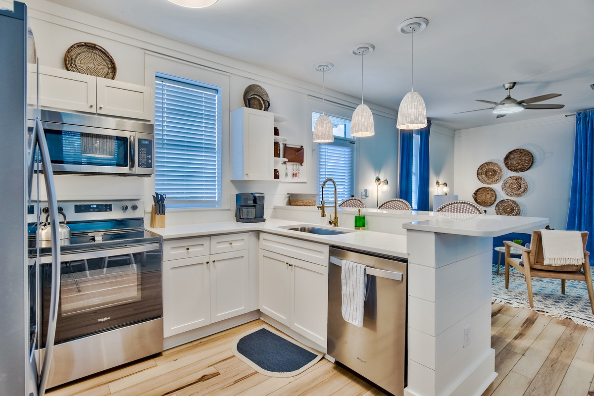 Kitchen opening into the living area