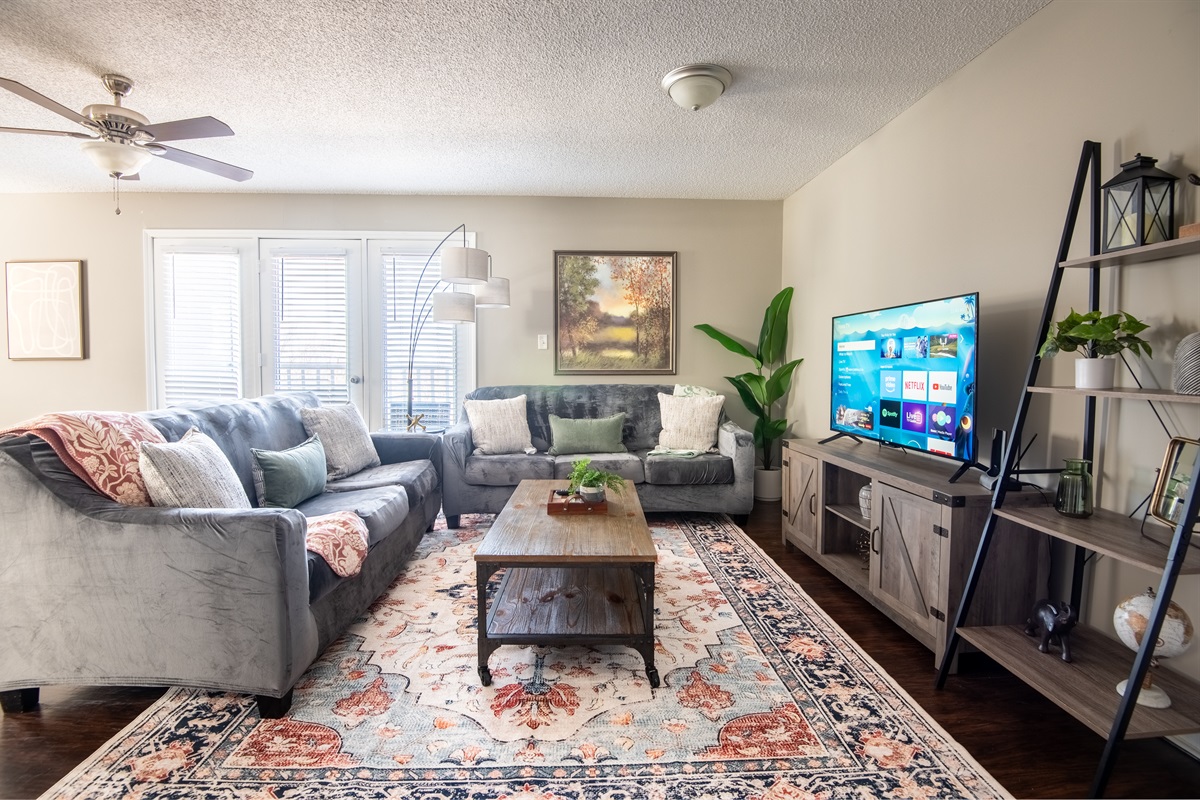 Welcome to Unit B at the Ridge Retreats. The soft lighting of the living room gives the ambiance we all desire when taking a vacation. Sit back, relax, and take a load off in Unit B!