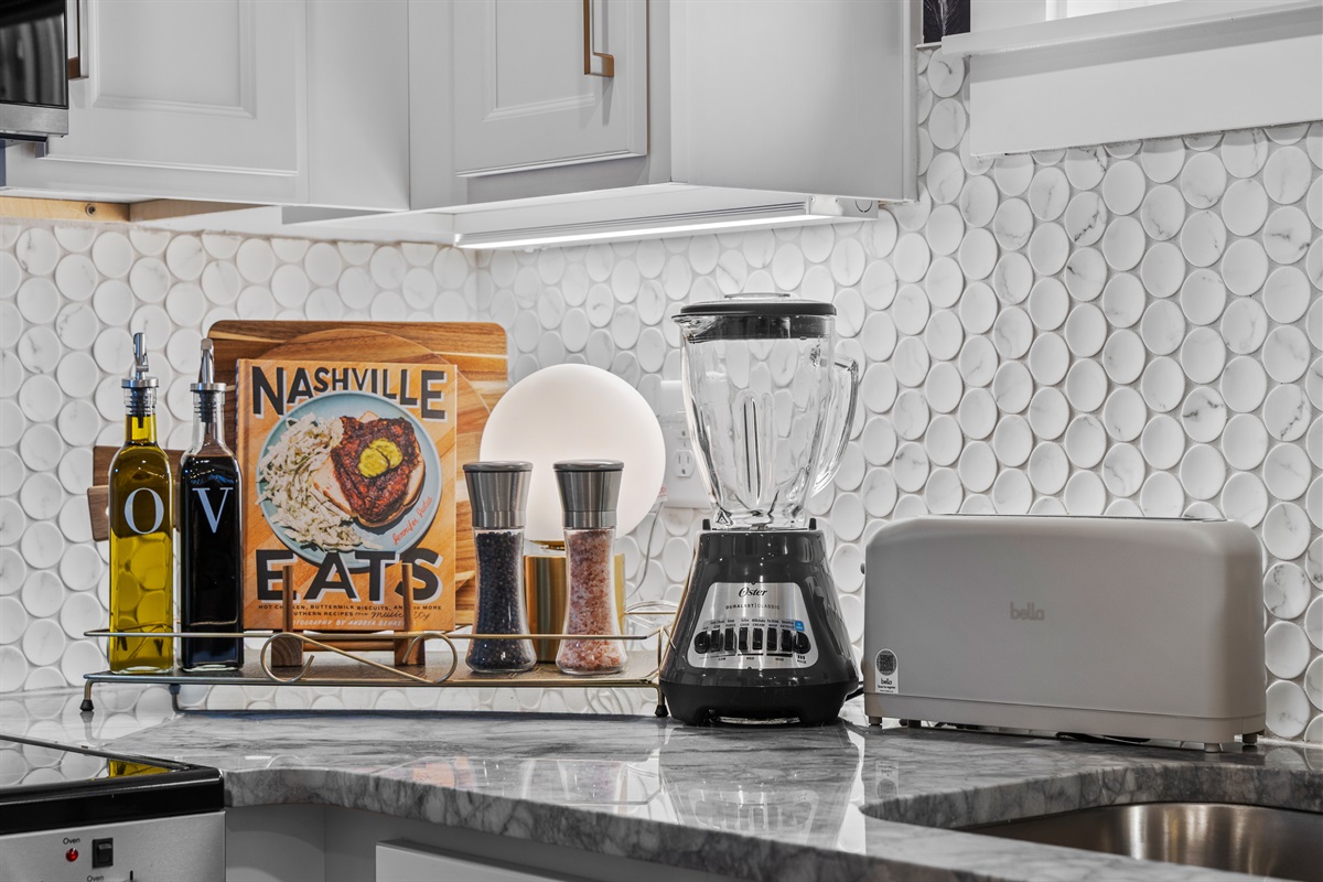 Small but mighty: This little kitchen is packed with everything you'll need to prepare and enjoy a meal.