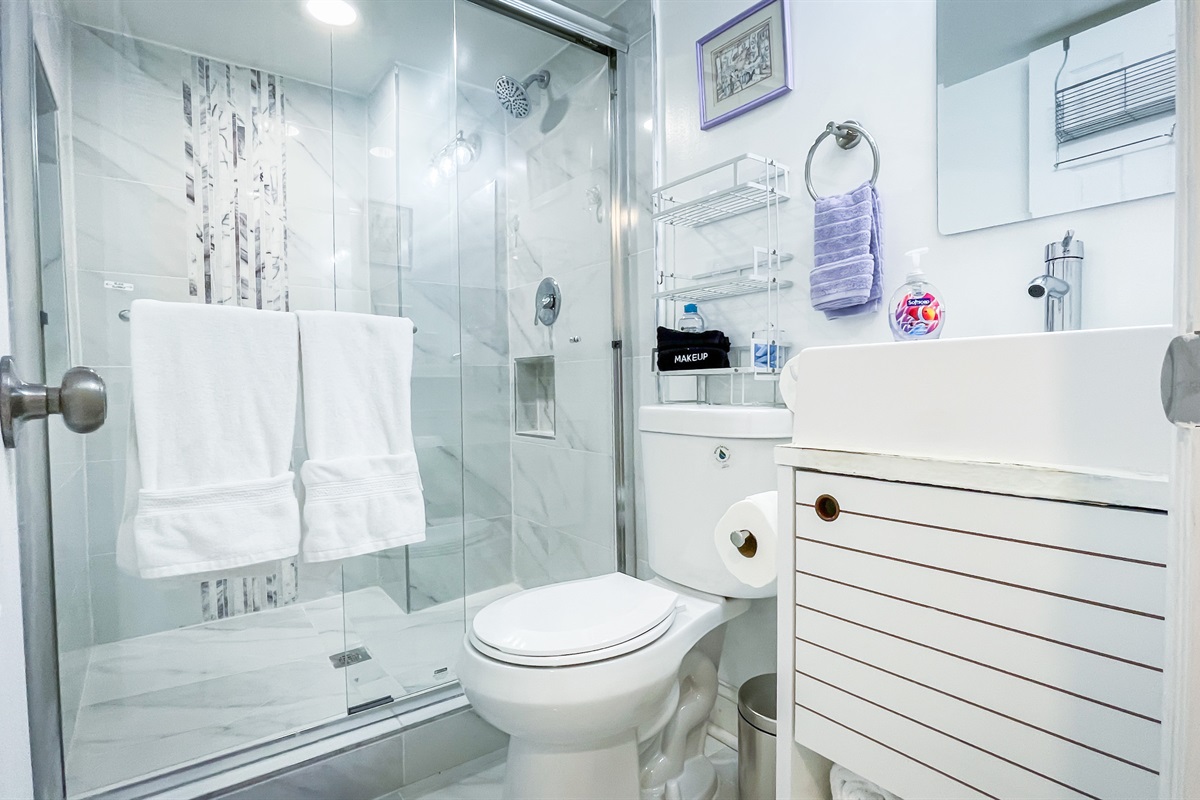 The primary bedroom in the lower level has an en-suite bathroom with a walk-in shower