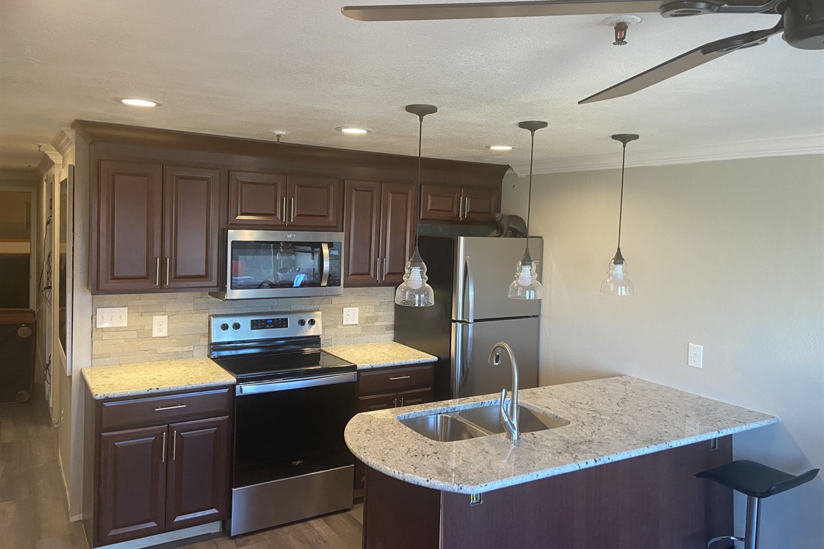 Our full kitchen is well stocked with all you need for cooking in. 