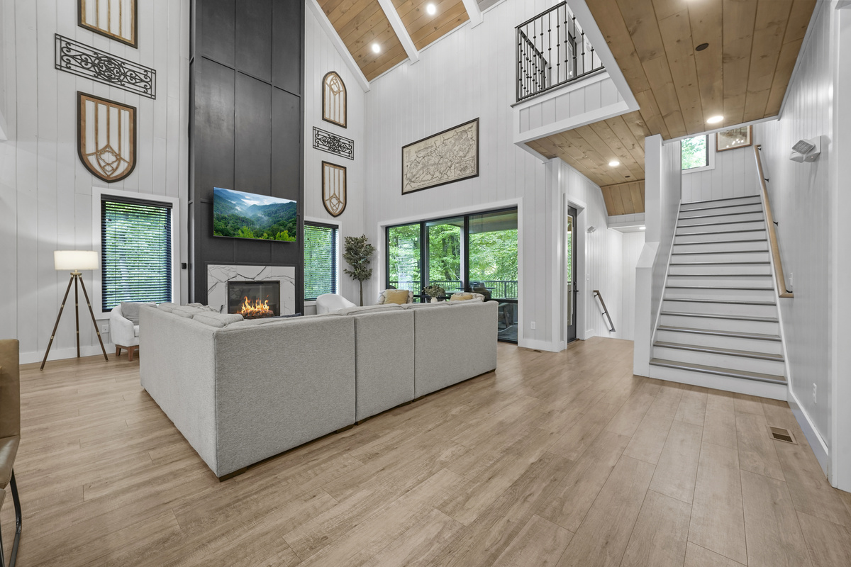 Living room - wide view with stairs