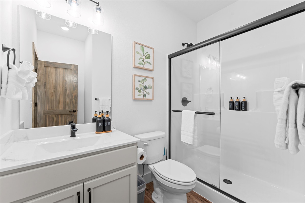 Full bathroom with modern fixtures and a walk in glass shower.
