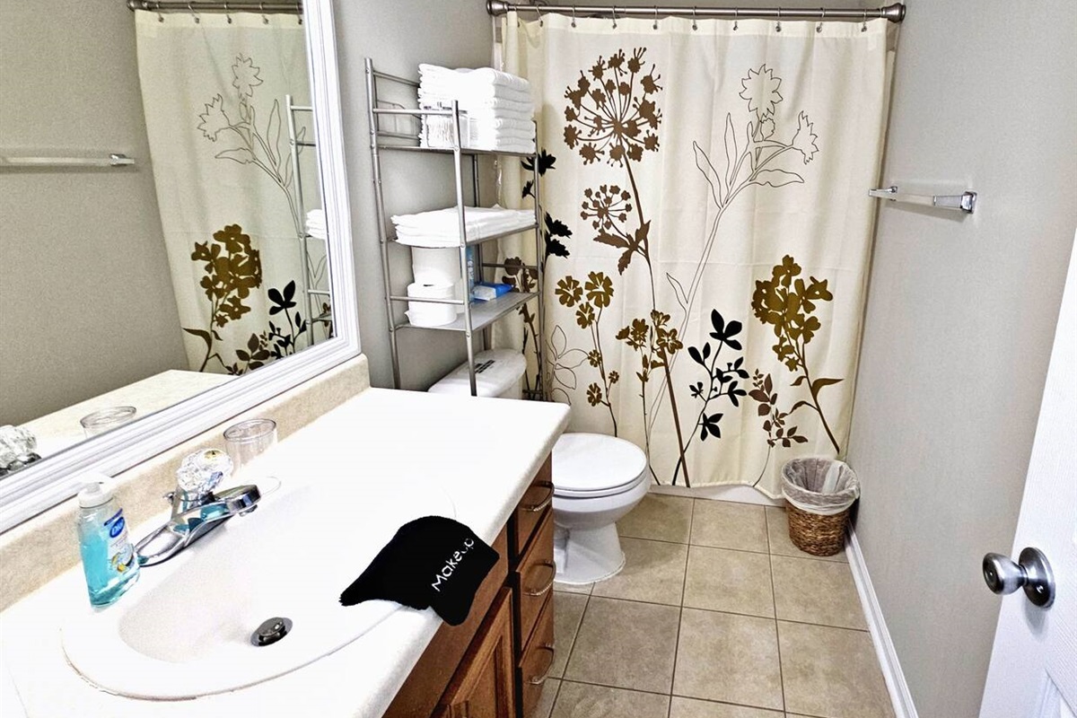 Full-sized bathroom located in the hall.  It contains all your necessities and a little extra. 