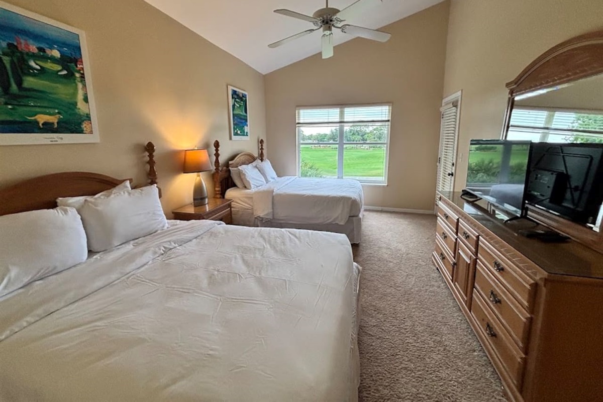 Bright bedroom featuring two beds, TV, dresser storage, ceiling fan, and peaceful green space views.
