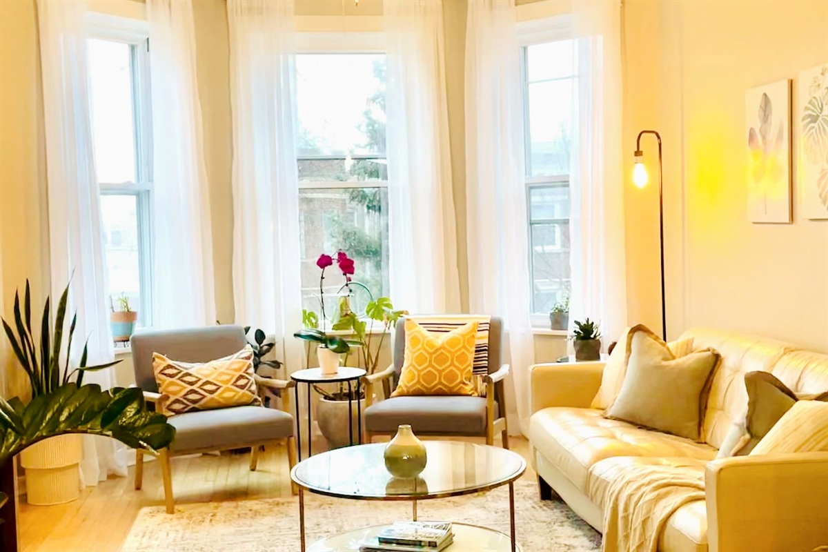 Sunny living room with cozy seating and beautiful Chicago apartment charm.