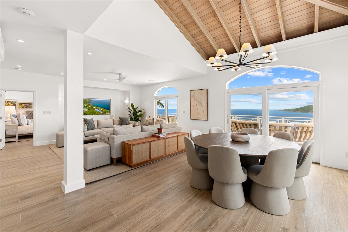 Spacious, ocean-view lounge with vaulted ceilings, Smart TV, board games, and room to unwind. Perfect for lazy mornings or movie nights.