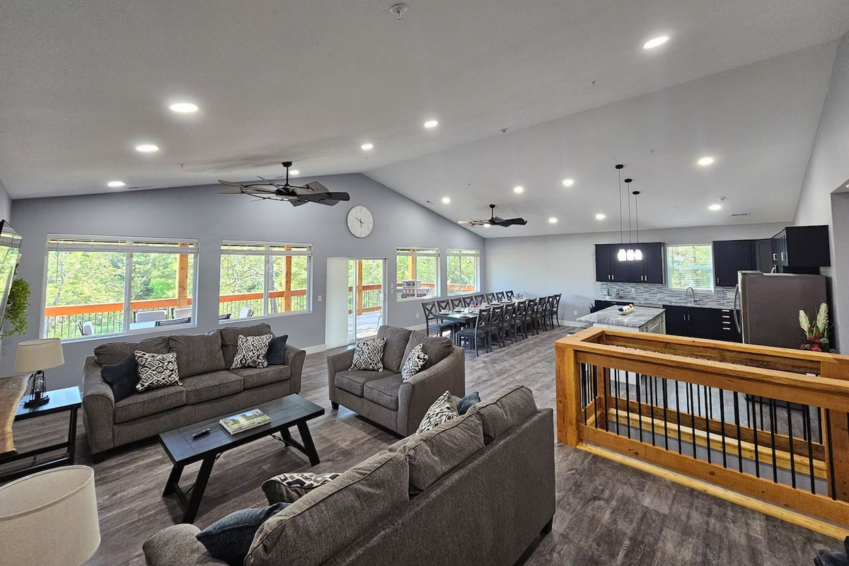 Bright, spacious great room with panoramic Ozark views—perfect for gathering everyone together.