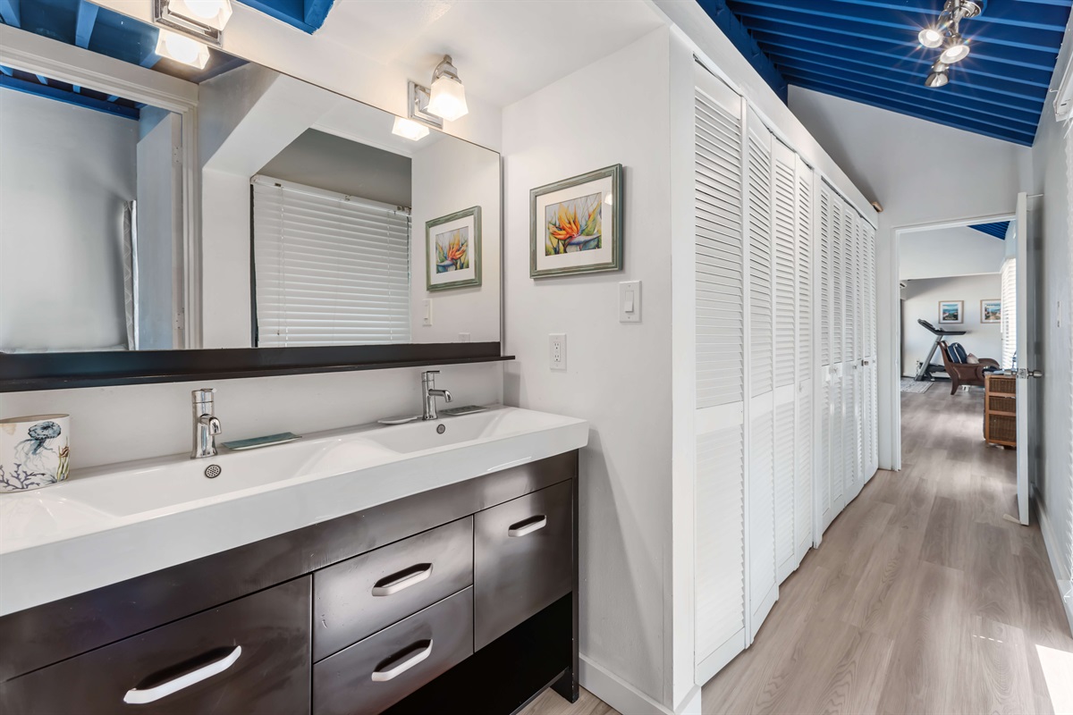 Dual vanity and contemporary design; perfect for getting ready together.