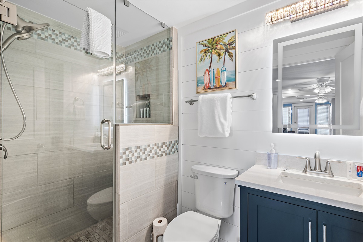 Costa Del Sol A-9: Bathroom for Bedroom 3 - Remodeled with Walk in Shower, new vanity, and back lit mirror!