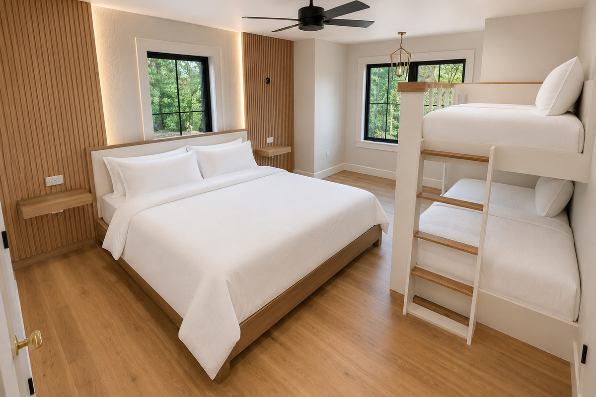 Downstairs family king room with twin bunks
