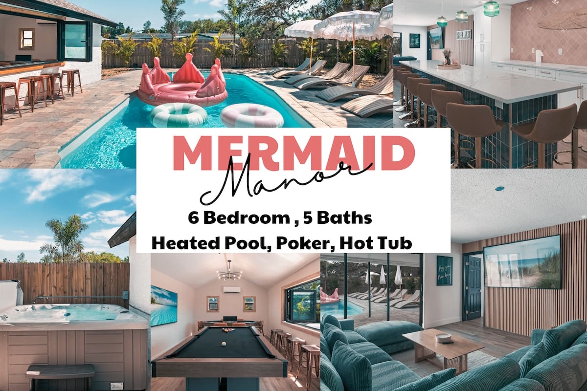 Massive Heated Saltwater Pool with Lush Tropical Landscaping, Games and Pool Cabana Game Room.