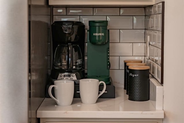 Coffee station with both Keurig and drip coffee. All coffee, sugar, tea and other essentials are provided.