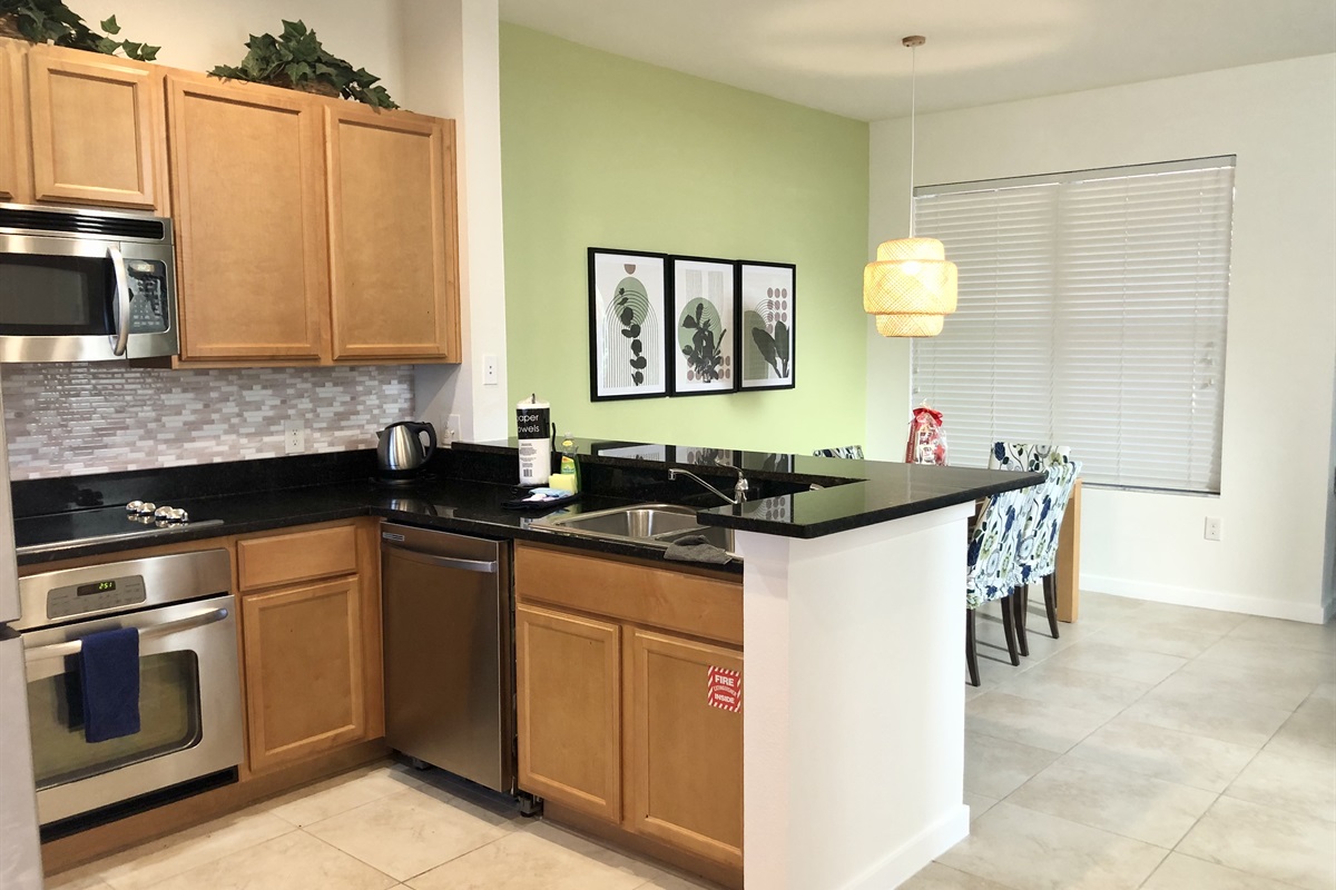 Kitchen overlooking dining area