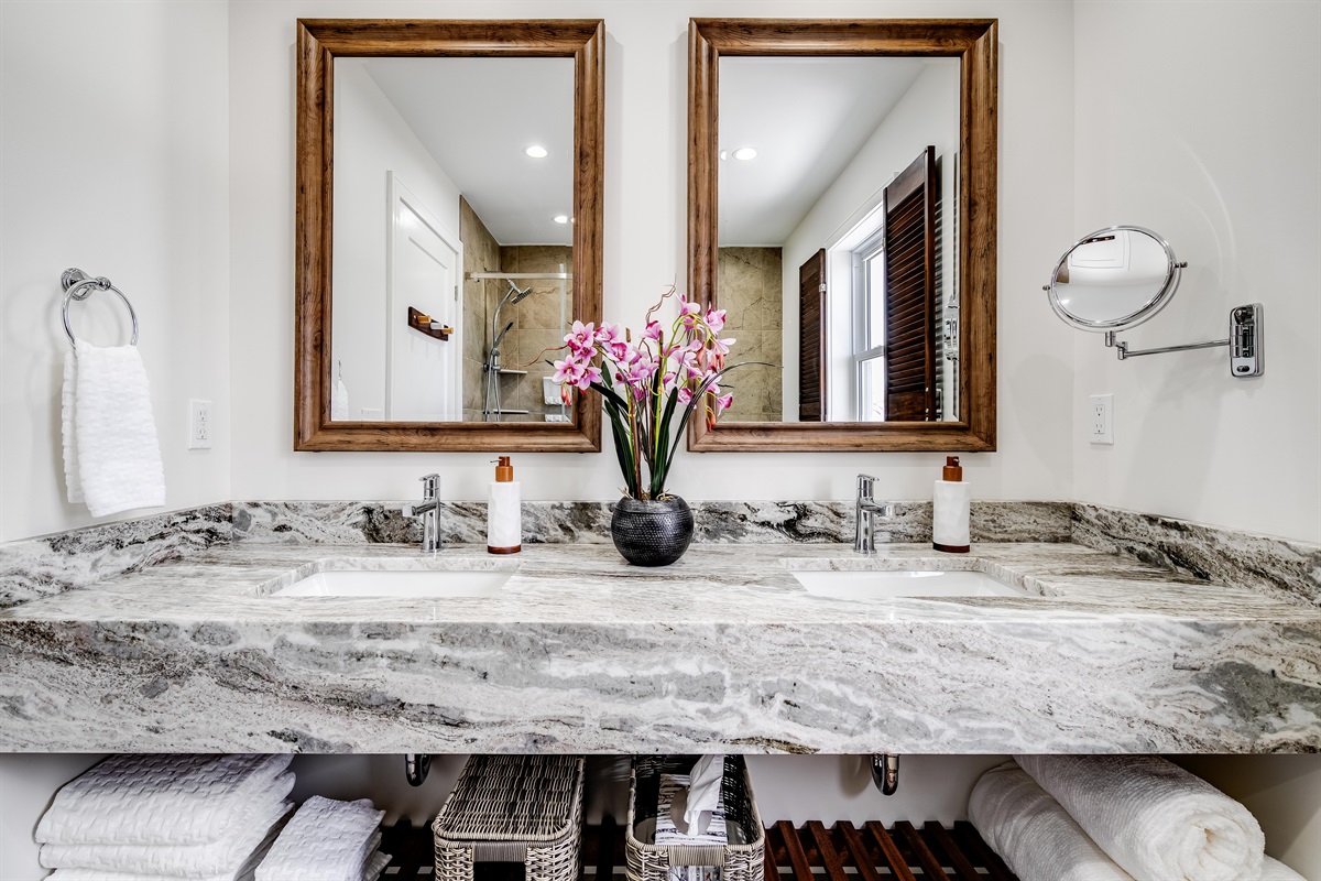 Clean Full Bathroom, minimalist palette with organic warmth.