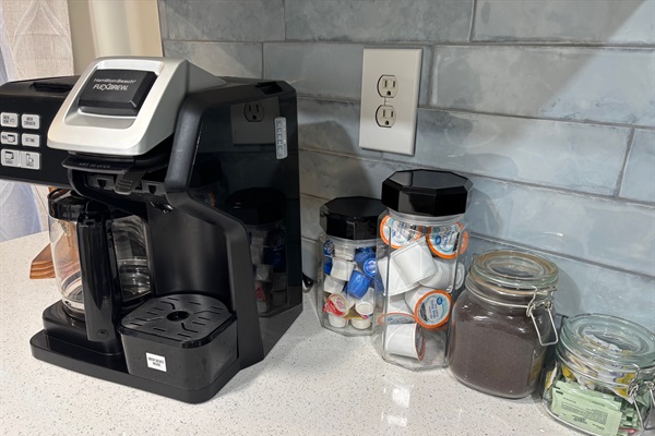 Grounds, K cups, creamer, and sugar/stevia packets for your morning brew