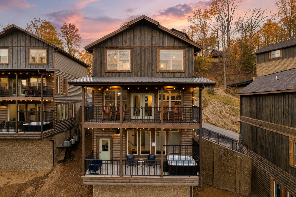 Modern cabin with multiple decks, rear view