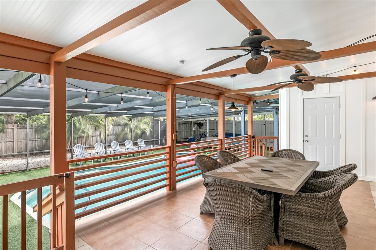 Massive patio with latching gates overlooking saltwater pool 