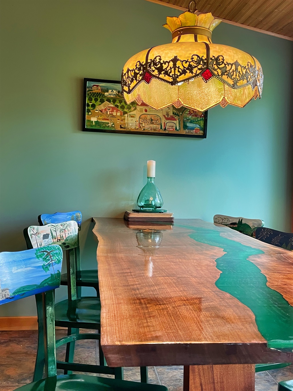 Big Pines custom dining room table with epoxy details.