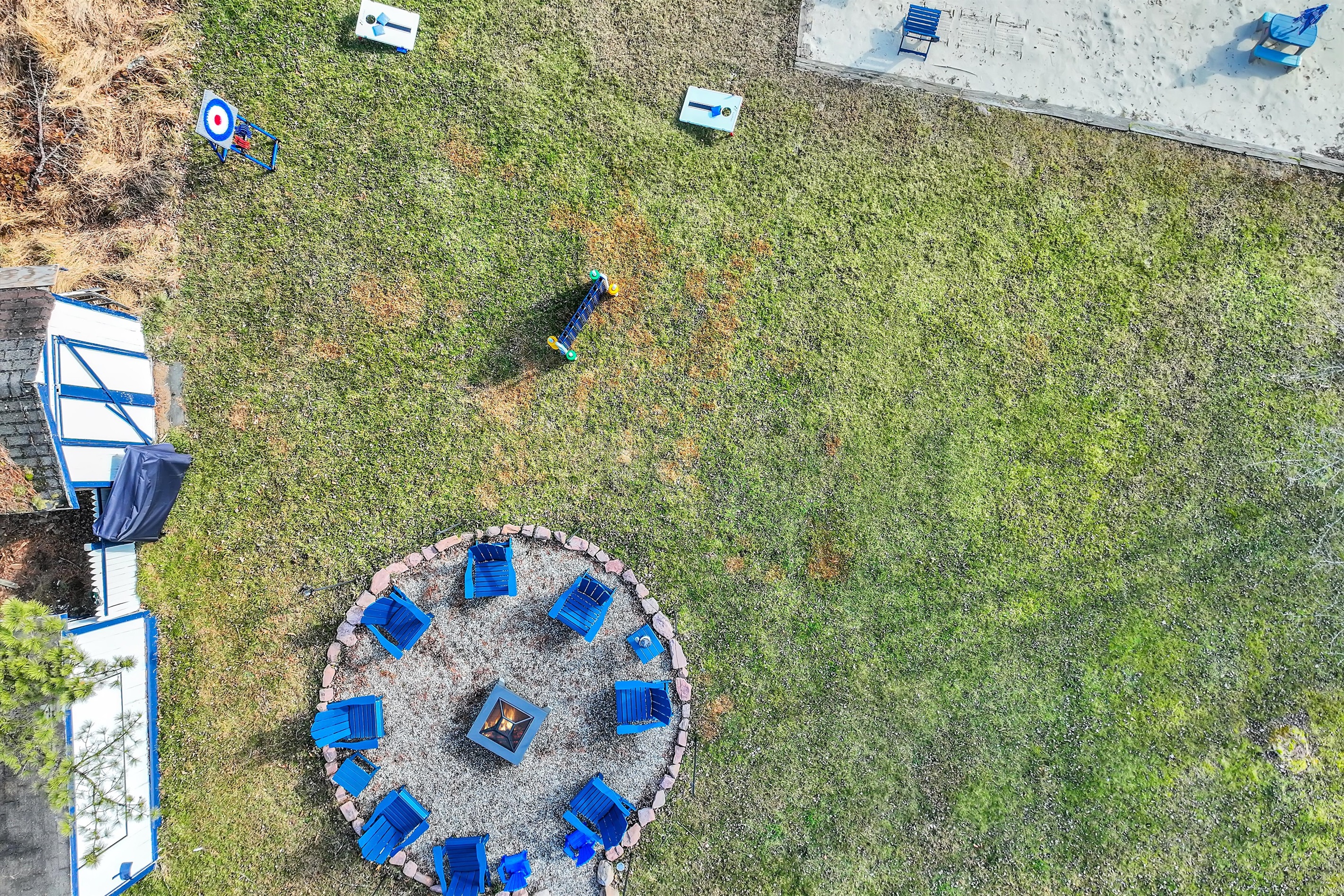 Aerial firepit circle — gatherings start here.