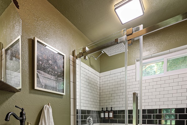Our downstairs bathroom features a rain shower head and complimentary products.
