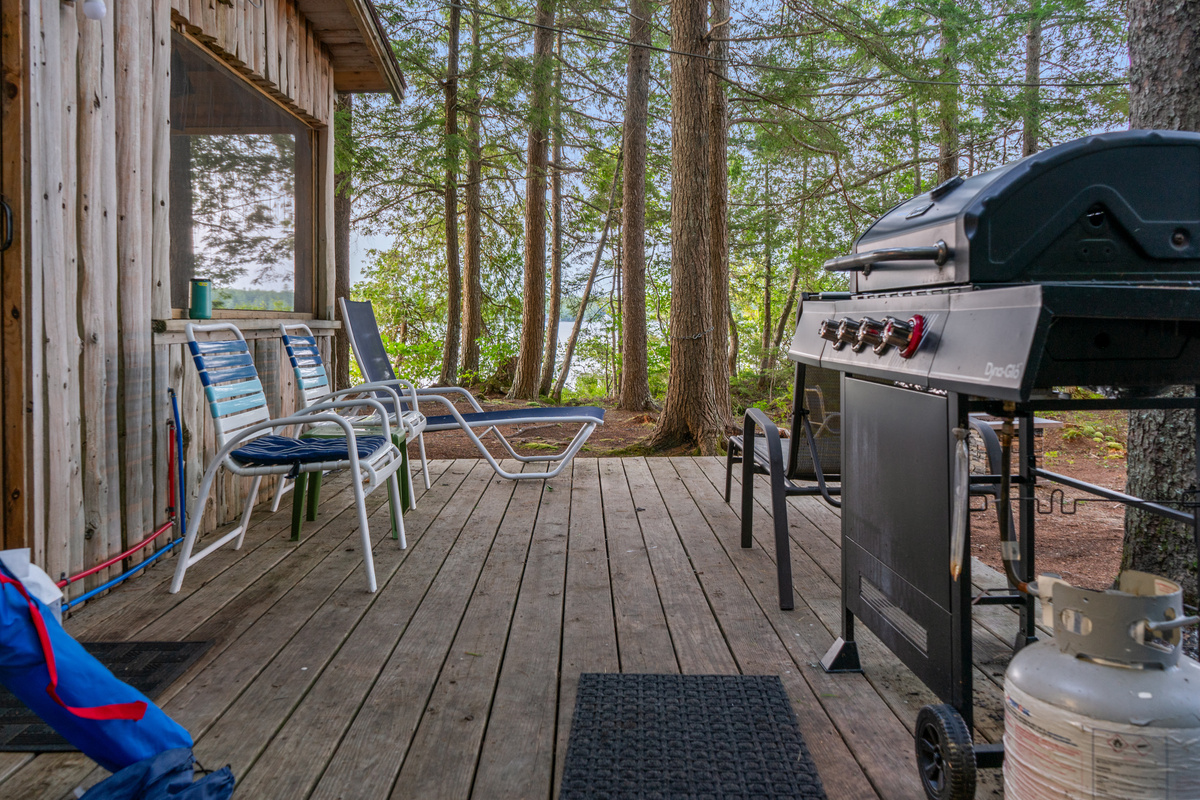 Close-up of the kitchen deck at Loonrise Point! Features a Dyna-Glo propane gas grill with tank, patio seating, and water views through the trees. Weathered deck boards and exposed plumbing on historic cedar siding on Beech Hill Pond in Otis, ME.